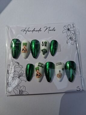 Green Chrome & White Graphic Press-On Nails